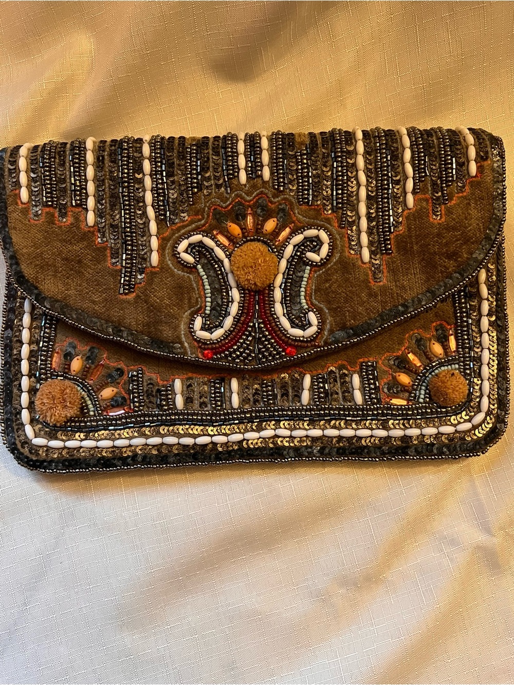 Beaded Velvet Embellished Clutch in Brown